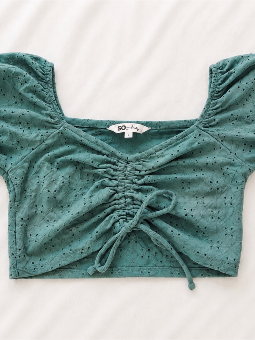 SO Sage Green Eyelet Puff Sleeve Crop Top Size Large